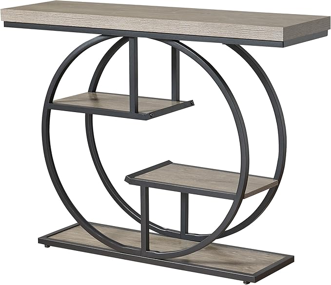 41.3" Sofa Table, Industrial 4-Tier Entryway Table with Circle Base and 1.7" Thickened Top, Narrow Console Table with Storage for Living Room, Hallway, Foyer, Grey