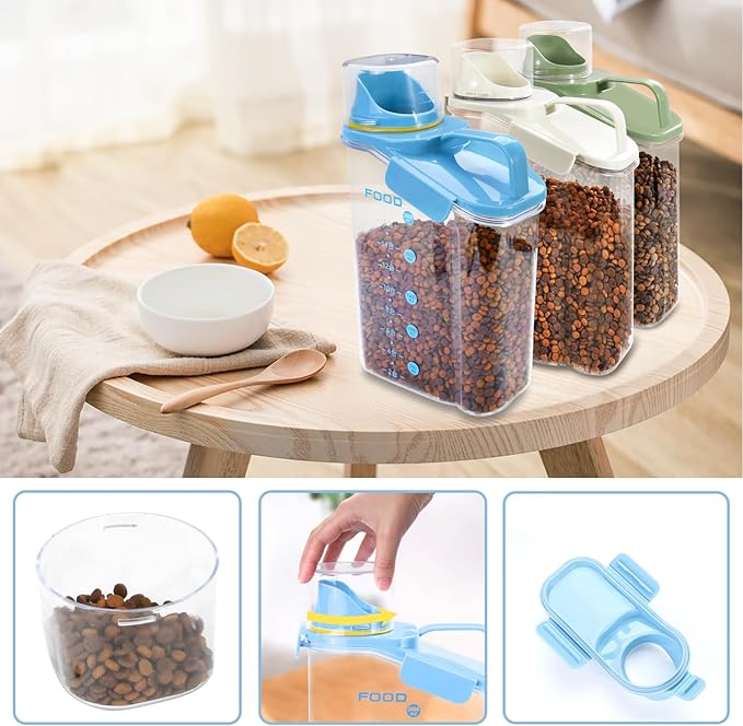 Dog Food Storage Container 3-5lbs, Dog Food Container with Airtight Pour Spout, Cat Food Storage Container with Measuring Cups, Portable Pet Food Container for Dogs, Cats, Birds(Blue)