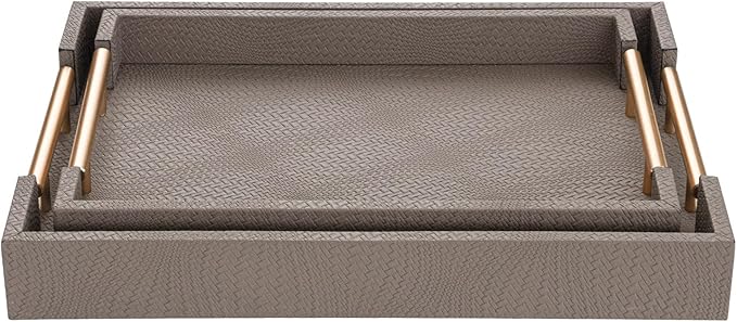 2 Piece Woven Leather Ottoman Tray with Gold Handles, Perfect Rectangular Serving Tray for Living Room, Coffee Table Tray as Thoughtful Gift for Home Decor Enthusiasts (Coffee Brown)