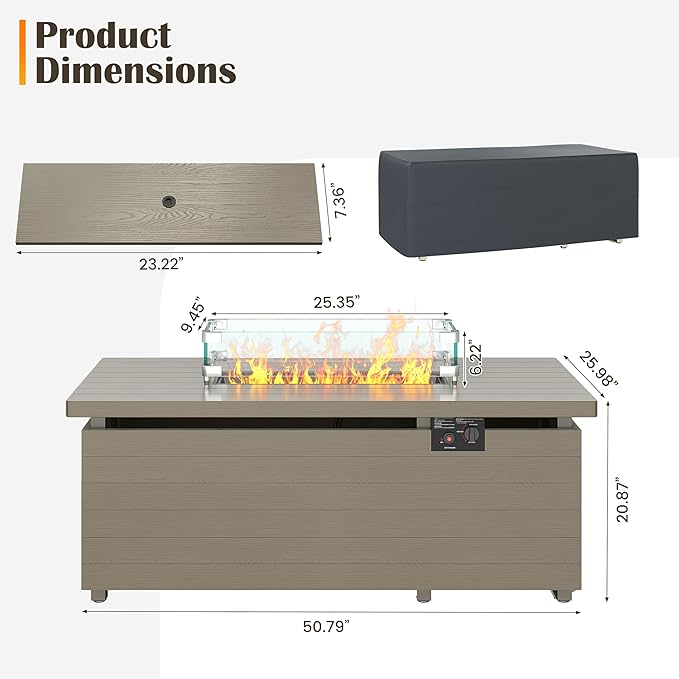 Metal Patio Furniture Set with 51inch Champagne Fire Pit Table, 6-Piece Modern Outdoor Conversation Set with 6-Inch Thick Cushions, Outdoor Furniture Set for Garden, Backyard, Balcony (Warm Grey)