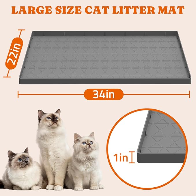 Pawtners Extra Large Silicone Cat Litter Mats, 34" x 22" Waterproof Litter Box Mat, Non-Slip Kitty Litter Mat for Scatter Control, Easy to Clean & Urine-Proof Cat Litter Trapping Mat, Gray