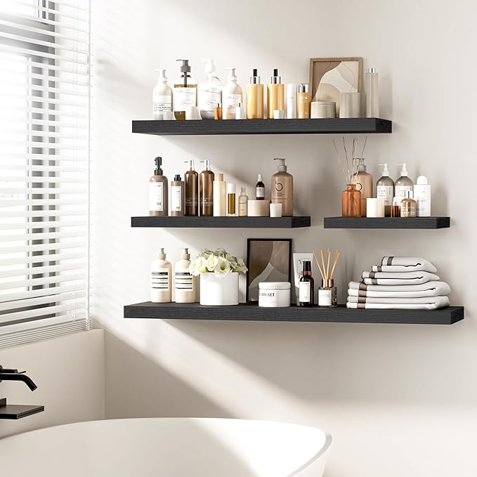 Fun Memories Floating Shelves - 2 Pack 12 Inch Deep Rustic Wooden Wall Shelves - Extra Deeper & Thicker Wall Mounted Storage Shelf for Kitchen, Farmhouse - 16" W x 12" D x 1.5" H - Rustic Black