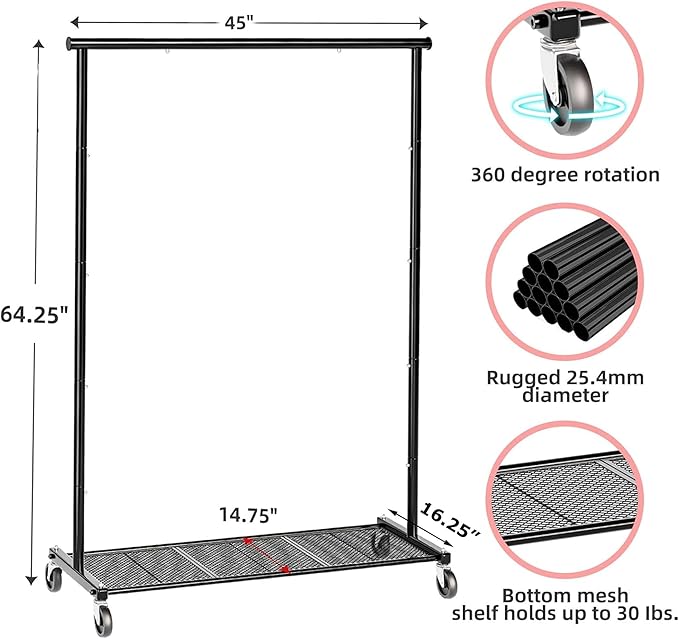 Clothes Rack with Wheels, Clothing Rack for Hanging Clothes, Rolling Garment Rack Sturdy Coat Rack Portable Wardrobe Rack Metal Closet Rack for Bedroom, Laundry Living Room, Black