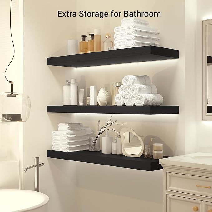 Heimlove 12 Inch Deep Floating Shelves, 72 x 12 inches Long, Large Extra Display & Storage Shelf, Rustic Wood Wall Shelves for Fireplace Mantel, Black - 1Pack