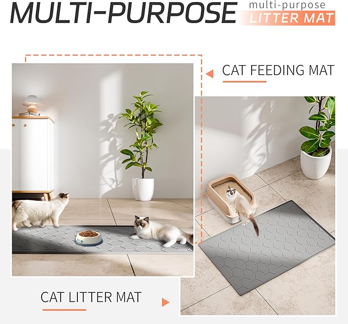 Silicone Cat Litter Mat with Raised Edges, Waterproof/Urineproof, Litter-Collecting Interior Ridges, Soft & Pet-Friendly (24"x16"-Grey)