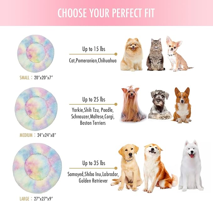 Anti Anxiety Round Fluffy Plush Faux Fur Warm Washable Dog Bed & Cat Bed, Original Bed for Small Medium Large Pets,Used to Relieve Joints and Improve Sleep(20"/24"/27'') (24", Rainbow)