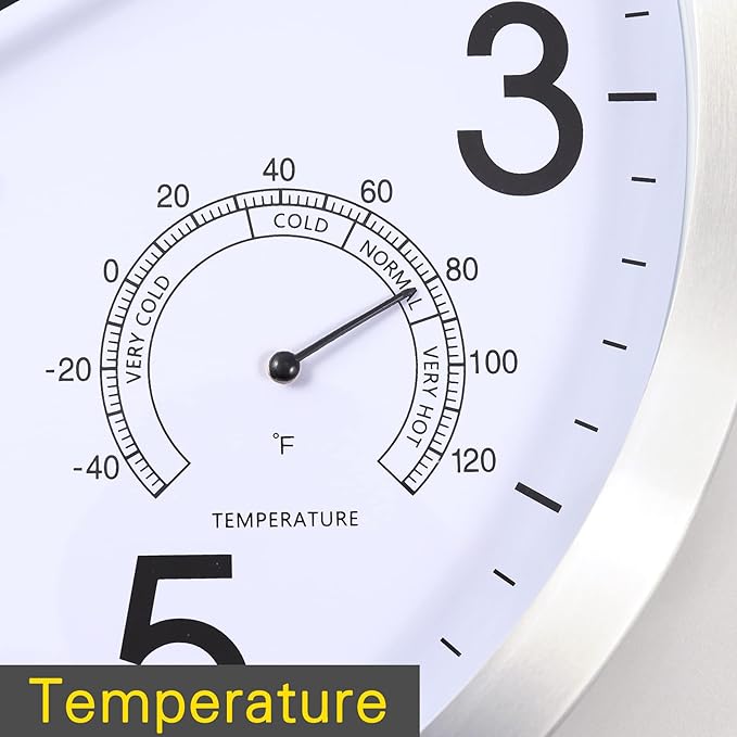 12 Inch Wall Clock with Temperature & Humidity, Aluminum Frame Wall Clocks, Sweep Silent Movement Accurate Clocks, Decorative for Kitchen Living Room Bedroom