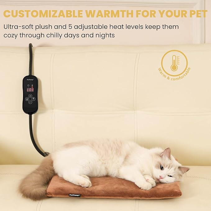 Pet Heating Pad for Cats and Dogs, Comfortable Heated Pet Bed, Waterproof Heated Pet Mat with 5 Adjustable Heat Levels, Timer & Auto Power-Off, Chew Resistant Cord, 16'' x 13''