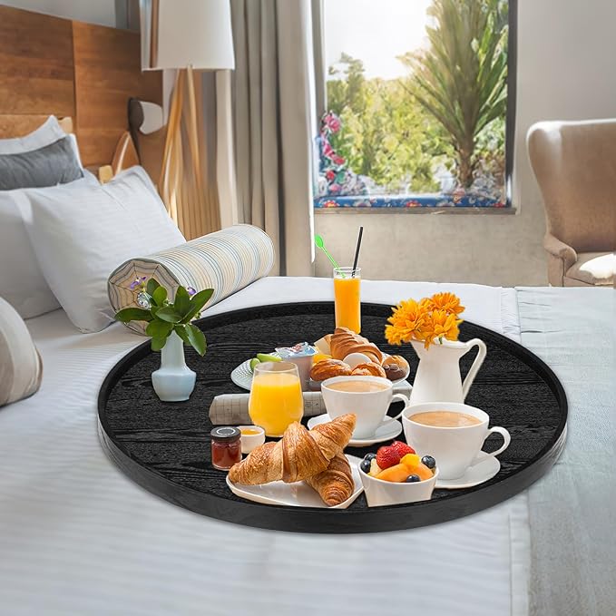 28 inch Round Solid Wood Serving Tray Extra Large Tea Coffee Snack Food Meals Serving Plate Non-Slip Kitchen Party Bar Server Ottoman Tray Breakfast Tray with Raised Edges Black