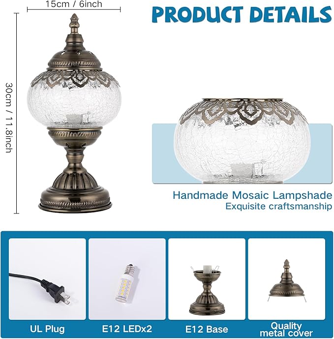 Turkish Moroccan Table Lamp Lantern with Handmade Mosaic Glass Lampshade Tiffany Style Bohemian Stained Glass Decorative Desk Lamps Bedside Night Lights for Bedroom (White 1)