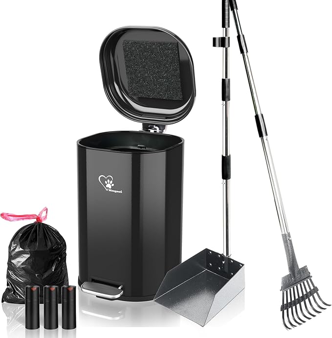 Dog Poop Trash Can Outside, Waste Bin with Lid and Removable Inner,Metal Rake Pooper Scoope,Odor Control for Indoor/Outdoor Dog Waste for Bathroom,Kitchen