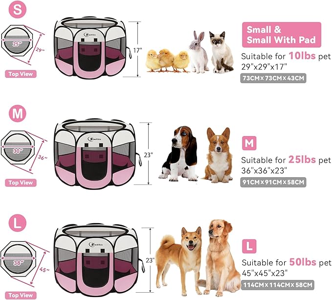 Pink Puppy Playpen for Large Dog Cat, Dog Tent Crates Cage Indoor/Outdoor, Portable Pop Up Dog Kennel with Carrying Bag for Rabbits, Removable Top (Pink, Large (45" x 45" x 23"))