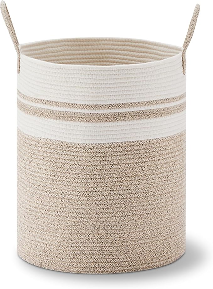 VIPOSCO Large Laundry Hamper, Tall Woven Rope Storage Basket for Blanket, Toys, Dirty Clothes in Living Room, Bathroom, Bedroom - 53L Brown & White