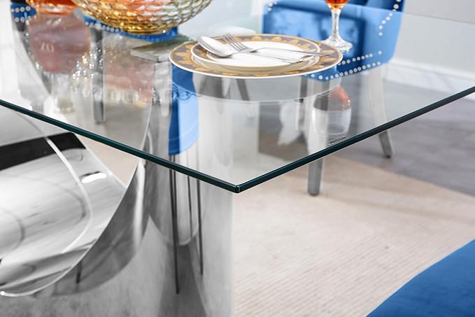 HomVent Modern Rectangle Glass Dining Table, 70''L x 35.4''W x 30''H, Silver With U Base, Clear Tempered Glass Top, Stainless Steel Base