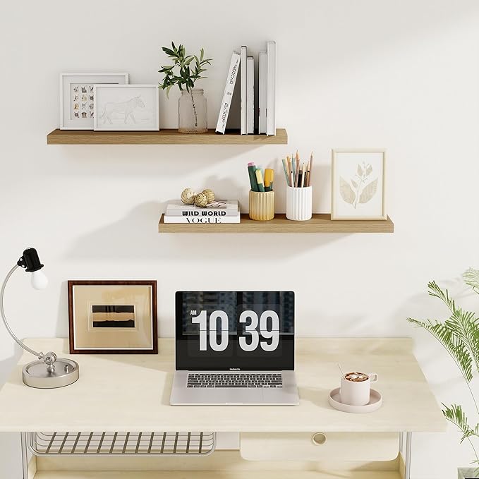 Fun Memories Floating Shelves for Wall, 30" Rustic Wood Deep Wall Mounted Shelves with Invisible Brackets for Decor & Storage, Floating Shelf for Living Room, Bathroom (Oak, Set of 2)