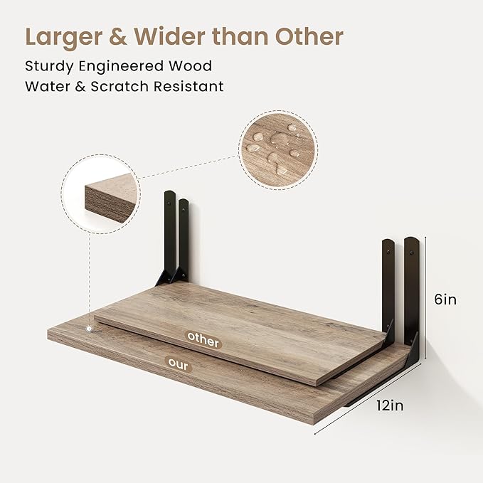 Fun Memories Floating Shelves for Wall, 12 Inch Deep Floating Shelves Set of 2, Wall Mounted Shelf with Metal Brackets, Rustic Wood Wide Shelf for Bathroom, Kitchen and Living Room, Grey, 36W x 12D