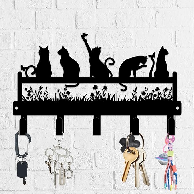 magilab Cat-Themed 10-Inch Iron Key Hooks with 5 Hooks, Black Wall Organizer - Cute Cat Design for Home Decor, No Drill & Screw-in Options (Style I)