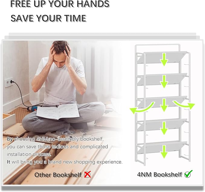 4NM No Assembly 5 Tiers Folding Bookshelf Storage Shelves Vintage Bookcase Standing Racks Study Organizer Home Office (All White)