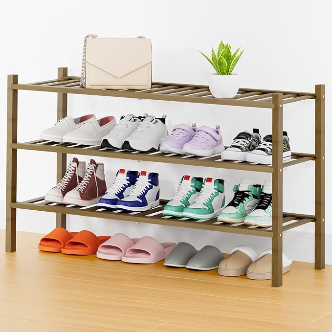 Smiry Shoe Rack, 3 Tier Thick Long Bamboo Shoe Organizer, Stackable Free Standing Wooden Shoe Storage Shelf for Closet, Entryway, Front Door Entrance, Walnut