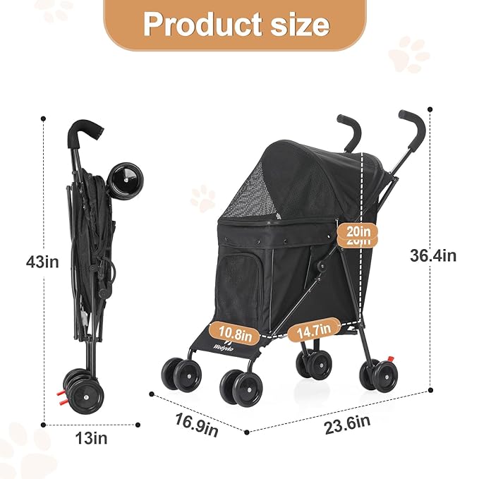 Wedyvko Umbrella Dog Stroller, Foldable Pet Stroller for Small Dogs Cats, with Carrying Strap and Cup Holder, Dog Poop Bags & Dispenser, Multicolor (Black)
