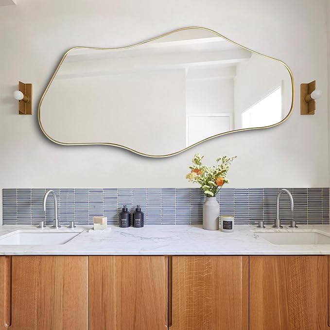Irregular Wall Mirror, 47"x25" Large Asymmetrical Mirrors with Gold Metal Frame, Cloud Shaped Mirror, Modern Abstract Mirrors for Living Room Bathroom Bedroom Hallway Entryway Fireplace