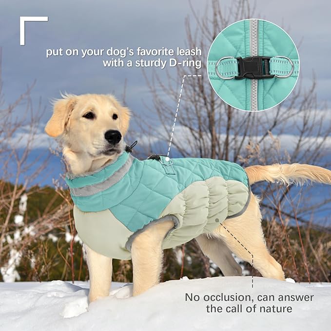 FUAMEY Dog Coat for Large Dogs,Waterproof Dog Winter Jacket with Harness Built in Puppy Cold Weather Coats Reflective Pet Vest with Zipper Warm Fleece Dogs Snowsuit Windproof Mint Green XXXL