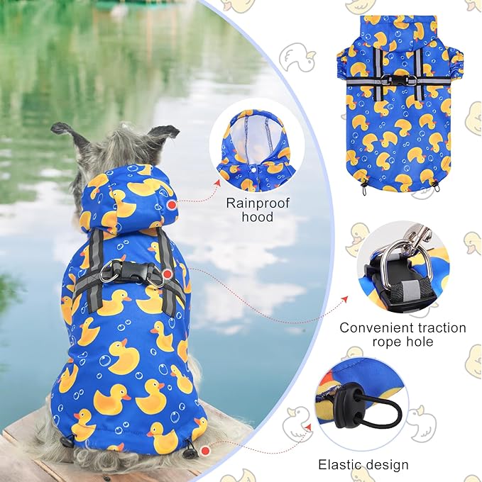 BEAUTYZOO Dog Raincoat Hooded with Harness Built-in for Small Medium Large Dogs Girls Boys, Dog Rain Jacket Slicker Poncho,Waterproof Dog Rain Coat Clothes for Winter Rainy Snowy Days, Yellow Duck, S