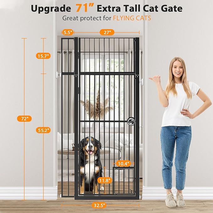 71" Extra Tall Pet Gate with Cat Door, 29-37.5" Extra Wide Full Door Cat Gate for Doorway, No Drill Pressure Mounted Gate for Cats, Pet Barrier Indoor, No Jumping Over for Stairs Hallway, Black