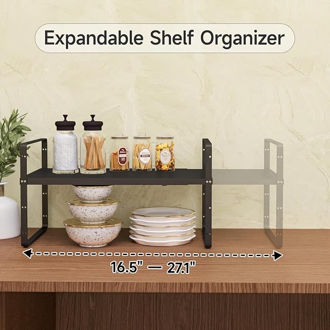 16.5-27’’L Expandable Cabinet Countertop Shelf Organizer, Stackable Metal Shelves, Kitchen Organizers and Storage, Black Storage Spice Rack for Pantry and Cupboard