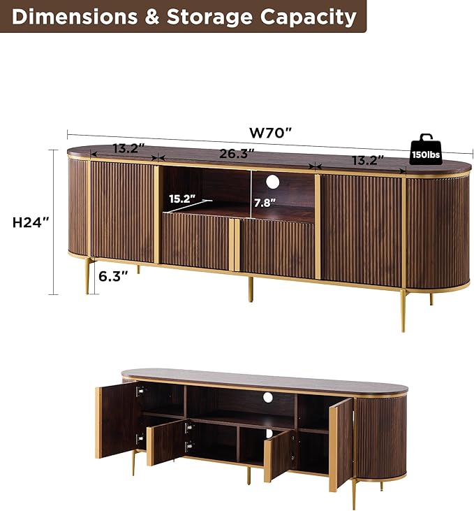 OKD Luxury 70" Fluted TV Stand, Modern Chic Entertainment Center for TVs Up to 80 inches, TV Console with Faux Marble Top, Curved Profile Design, Media Console for Living Room, (Dark Walnut)