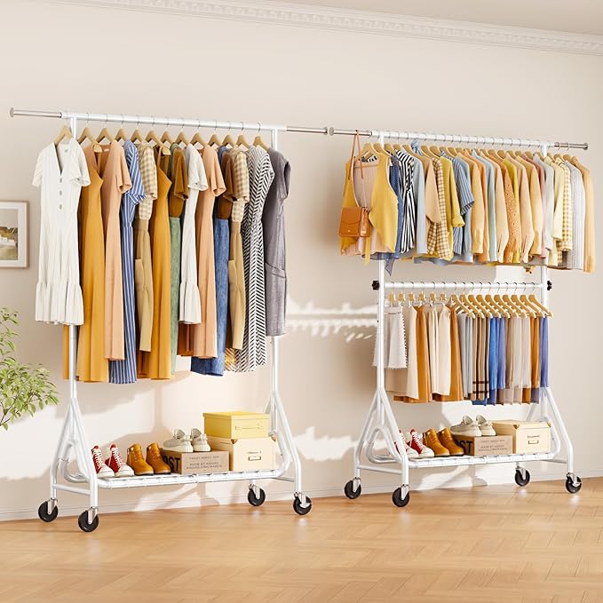 Heavy Duty Clothes Rack for Hanging Clothes, Double Rods Clothing Rack with Lockable Wheels, Rolling Metal Garment Racks Heavy Duty, Portable Wardrobe Closet Racks, White