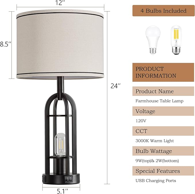 Black Table Lamps for Living Room Set of 2 - Farmhouse Industrial Lamps for Night Stands with Night Light & USB A+C, 24" Rustic Bedside Lamp for Bedroom, Bulbs Included