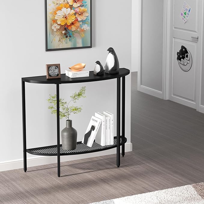 SAYGOER Black Half Moon Console Table 2 Tier Narrow Entryway Table with Storage Modern Couch Table Small Entry Way Tables, Easy Assembly, All Black