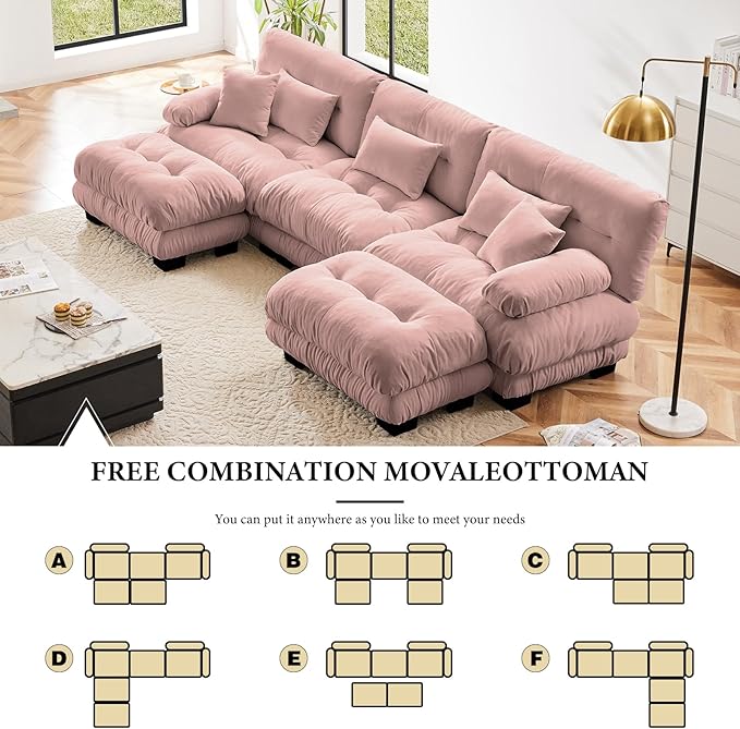 133.8" Oversized Couch, 3 Seater Modular Sectional Sofa, Pink Large U Shaped Sectional Fluffy Couch Set, Chenille Cloud Couch with Ottoman, Deep Seat Sofas for Living Room