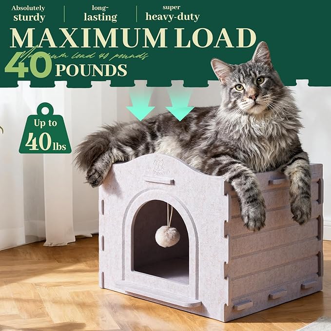 Apasiri Cat Beds for Indoor Cats: Innovative Polyester Fiber Cat House, Cat Bed Cave for Indoor Cats, Ultra-Strong Load-Bearing Capacity, Sturdy and Scratch-Resistant, Compatible with Heating Pads