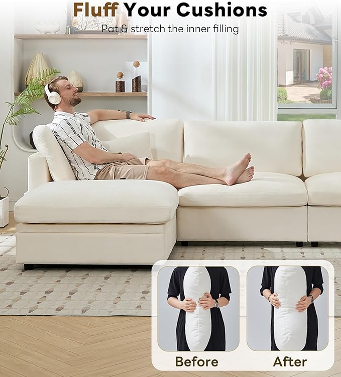 Tbfit Modern Sectional Sofa with Storage, Comfy Cloud Modular Couch with Down-Filled Cushions, Sofa for Home, Living Room, Beige