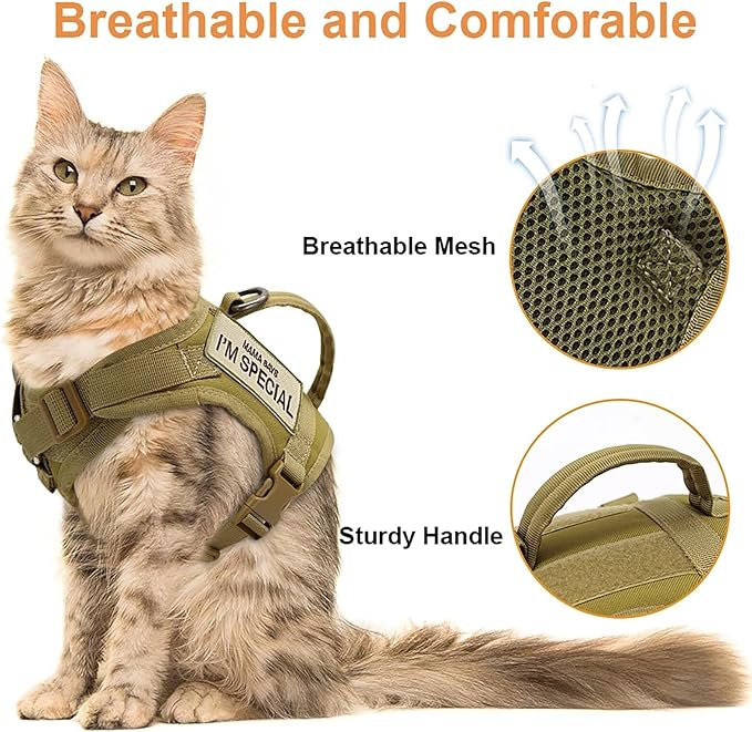 Forestpaw Cat Harness Escape Proof for Walking,Adjustable Cat Vest Harness with Soft Mesh Padded,Tactical Cat Harness with Control Handle,Molle Patches,Khaki