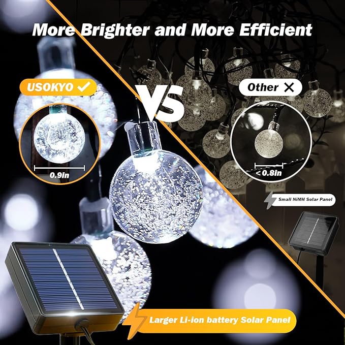 Solar Lights Outdoor Waterproof, 2 Pack Total 200LED 110FT Solar String Lights for Outside with 8 Modes, Outdoor String Lights Crystal Globe Patio Lights for Garden Yard Party Decor(Warm White)