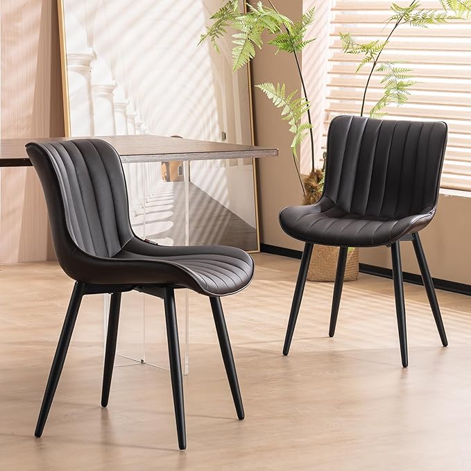 YOUNUOKE Dining Chairs Set of 2 Upholstered Mid Century Modern Kitchen Chair Comfortable Armless Faux Leather Accent Chair with Metal Legs for Guest Waiting Reception Living Room, Dark Brown