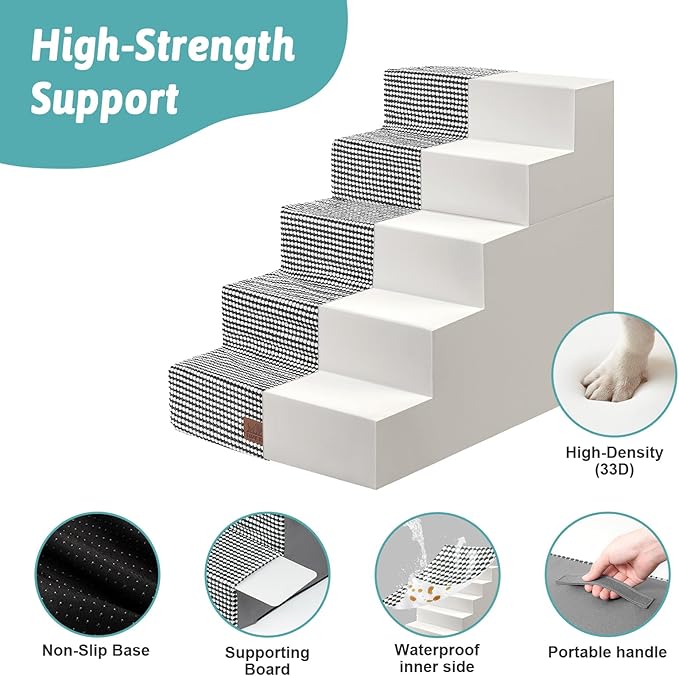 Dog Stairs for Small Dogs, 5 Tier Removable Wider Pet Stairs for Couch and Bed, 23.6" H Non-Slip Dog Steps for Puppies and Old Cats with Support Board, 29.5x19.7x23.6 inch, White Black