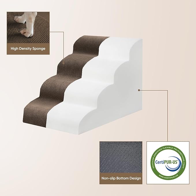 PAWSCART Dog Stairs for Small Pets, 17.7" H with 30D Material Soft Foam, Portable Ramp Non-Slip Surface Non-Slip for Couch and High Bed Climbing, 3-Step Stairs for Cat or Dog, Brown