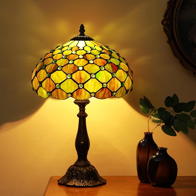 Tiffany Lamps Brownish Green Beads Style Stained Glass Table Lamp Desk Bedside Reading Light 12X12X18.5 Inches with Bronze Resin Base Applicable to Bedroom Living Room Office