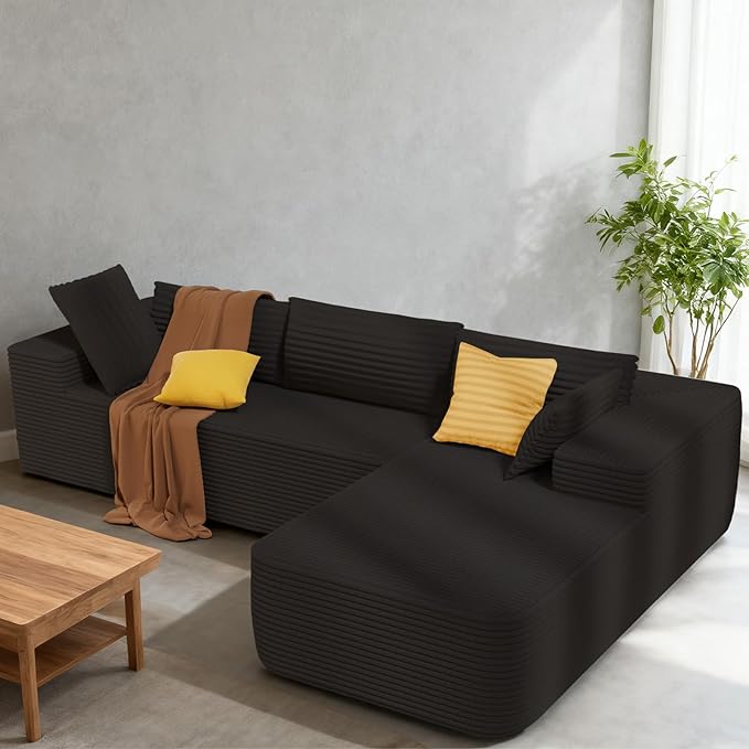 105.5" Modular Sectional Sofa L-Shape, Modular Cloud Sofa with Deep Seat for Living Room Bedroom, Upholstered Couches No Assembly Required (Black Right Facing Chaise)