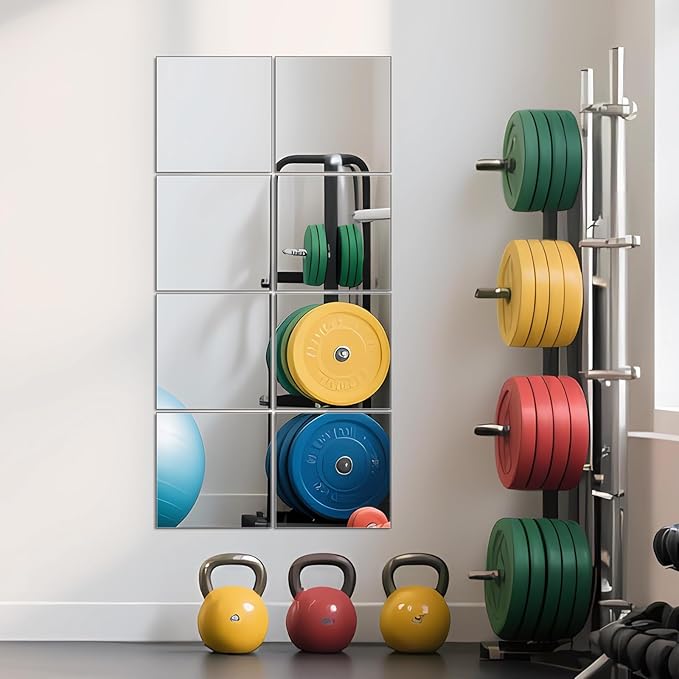 Ruomeng Full Length Wall Mirror Tiles - 10" x 10" x 8Pcs Frameless Full Body Mirror Tiles Wall Mounted Mirror for Home Gym Vanity Bedroom, Living Room