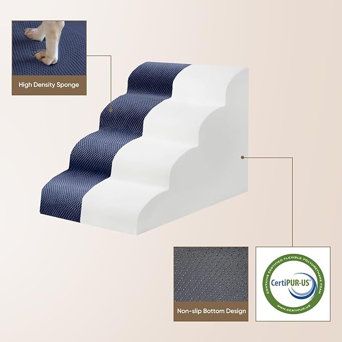 PAWSCART Dog Stairs for Small Pets, 22.8" H with 30D Material Soft Foam, Portable Ramp Non-Slip Surface Non-Slip for Couch and High Bed Climbing, 5-Step Stairs for Cat or Dog, Blue