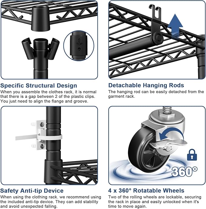 P8C Heavy Duty Clothes Rack(With Extended Width Design) Rolling Clothing Racks for Hanging Clothes with Lockable Wheels,51.2" W x 15.8" D x 80.5" H,Max Load 700LBS,Black Rack with Grey Cover