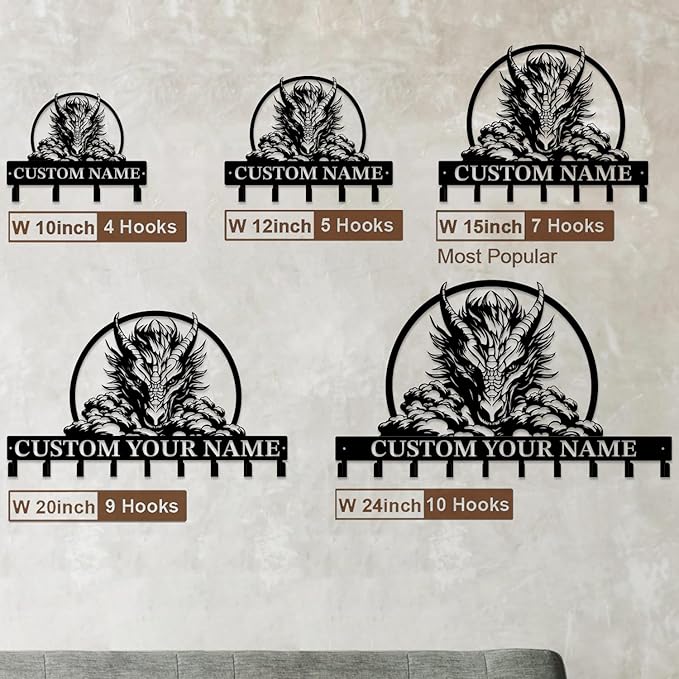 Customized Name Key Hook - Evil Dragon Design Keys Holder Decor Black Iron Metal Wall Organizer for Home & Office (Multiple Sizes) (Style E)