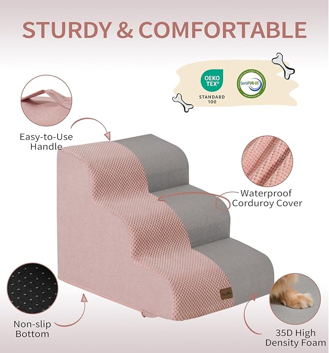 Made4Pets Dog Stairs Ramp for High Bed, 5-Step Pet Stairs for Bed Couch Sofa Climbing, 35D Foam Pet Steps for Small Dogs and Cats, Non-Slip Bottom Dog Steps, Pink