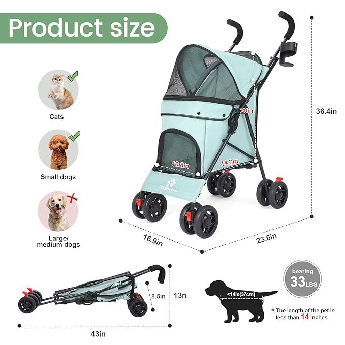 Pet Stroller for Small Dogs Medium Dogs 33lbs, Dog Pram Ultra Light - only 3.5 kg, Dog Stroller Pet Pram with 4 Wheel Foldable/Storage Basket/Cup Holder-P07 (Bluish Green)