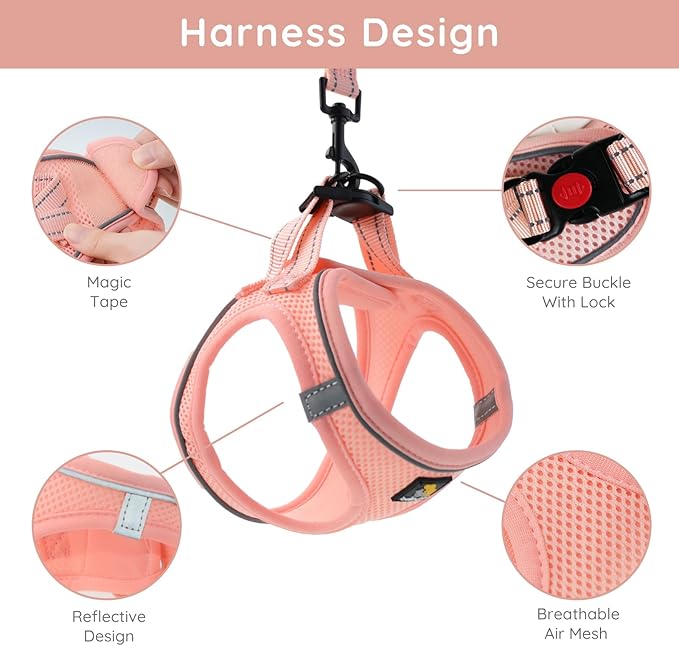 BELLA & PAL Step in Vest Harness for Small and Medium Dogs, No Pull Small Dog Harness with Leash Set, Comfortable Air Mesh Dog Vest Harness with Reflective Strip (Coral Pink, S)